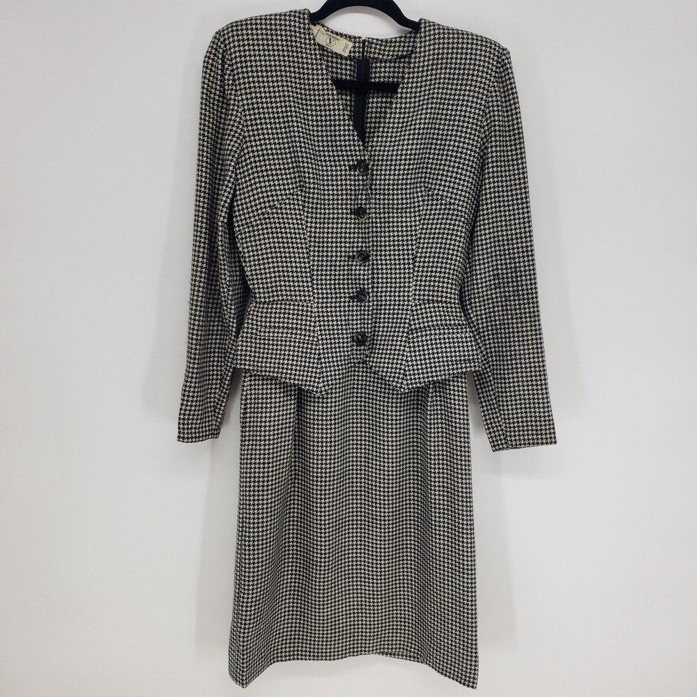 Vintage 80s Valentino Miss V Houndstooth Wool Peplum Dress 40 Black White Italy